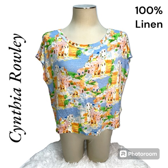 Cynthia Rowley 100% Linen Greek Island Novelty Print Blouse Top Size XL - Picture 1 of 9